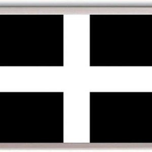 May include: A black and white flag with a white cross in the center. The cross divides the flag into four equal squares.