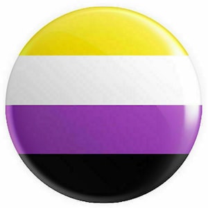 May include: A circular badge displaying the non-binary pride flag. The design comprises horizontal stripes of yellow, white, purple, and black. The badge has a shiny surface and a slightly domed shape.