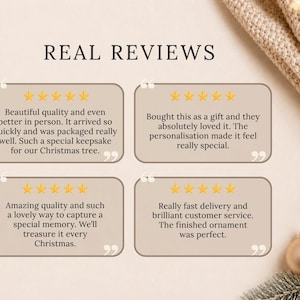 May include: A graphic display titled REAL REVIEWS featuring four beige rectangular boxes with rounded corners. Each box contains five yellow stars and customer feedback text. A gold ornament and pine branches are visible in the corner.