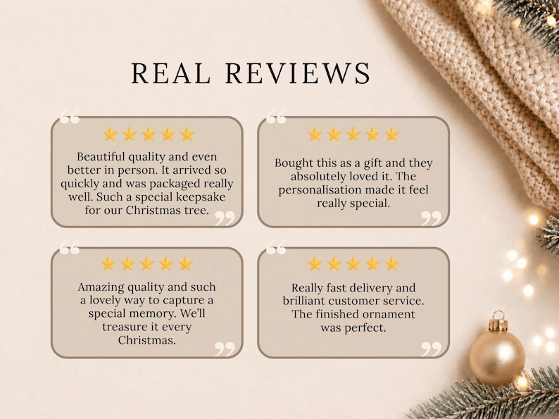 May include: A graphic display titled REAL REVIEWS featuring four beige rectangular boxes with rounded corners. Each box contains five yellow stars and customer feedback text. A gold ornament and pine branches are visible in the corner.