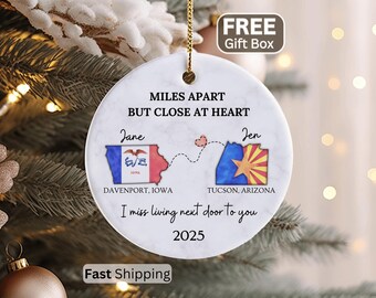 Long Distance Ornament, Custom Long Distance Friend Christmas Ornament Gift for Long Distance Friendship Personalized Miles Apart Ornament