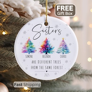 May include: A round white ceramic ornament featuring three watercolor-style Christmas trees in rainbow colors. The text reads Sisters, Simone, Belinda, Cherie, ARE DIFFERENT TREES FROM THE SAME FOREST, and 2025, surrounded by small gray snowflakes.
