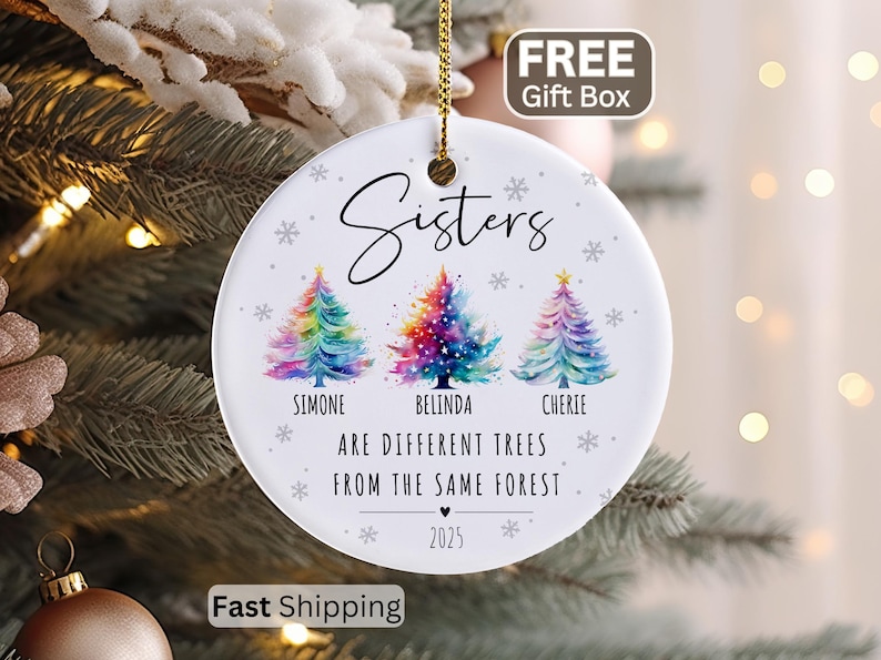 May include: A round white ceramic ornament featuring three watercolor-style Christmas trees in rainbow colors. The text reads Sisters, Simone, Belinda, Cherie, ARE DIFFERENT TREES FROM THE SAME FOREST, and 2025, surrounded by small gray snowflakes.