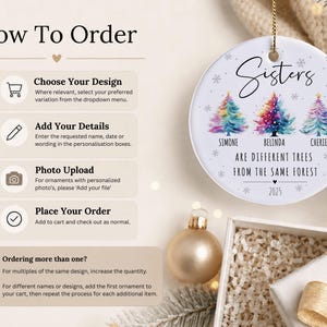 May include: A round white ceramic ornament featuring three watercolor-style Christmas trees in rainbow colors, with the text Sisters ARE DIFFERENT TREES FROM THE SAME FOREST, the names Simone, Belinda, Cherie, and the year 2025, plus ordering instructions.