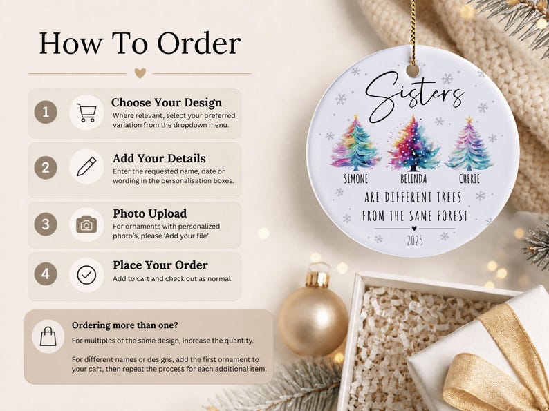 May include: A round white ceramic ornament featuring three watercolor-style Christmas trees in rainbow colors, with the text Sisters ARE DIFFERENT TREES FROM THE SAME FOREST, the names Simone, Belinda, Cherie, and the year 2025, plus ordering instructions.