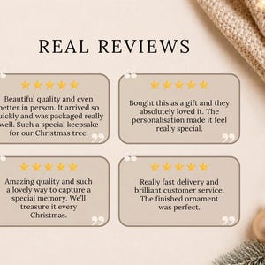 May include: A graphic display titled REAL REVIEWS featuring four beige rectangular boxes with rounded corners. Each box contains five yellow stars and customer feedback text. A gold ornament and pine branches are visible in the corner.