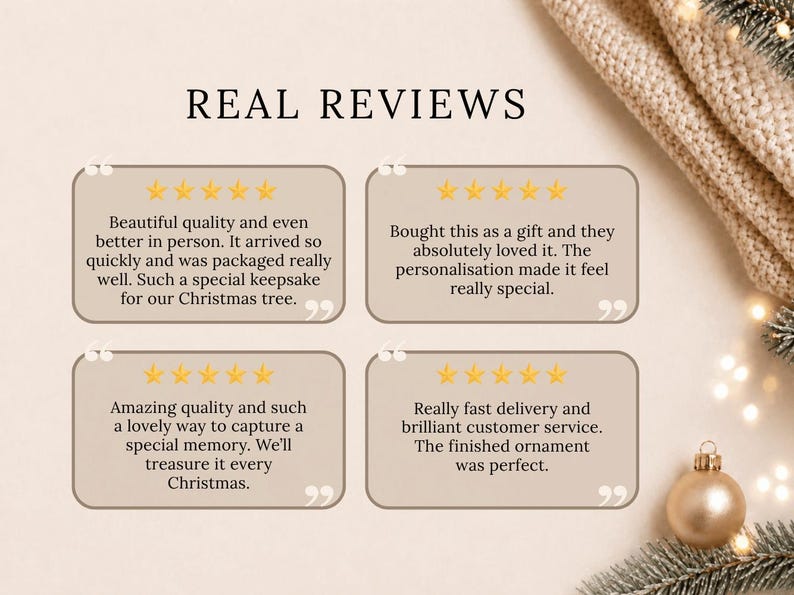 May include: A graphic display titled REAL REVIEWS featuring four beige rectangular boxes with rounded corners. Each box contains five yellow stars and customer feedback text. A gold ornament and pine branches are visible in the corner.
