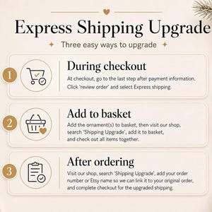 May include: An informational graphic titled Express Shipping Upgrade with three numbered steps. Step 1: During checkout, select Express shipping. Step 2: Add to basket by searching for Shipping Upgrade. Step 3: After ordering, provide your order number.