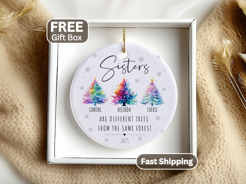 May include: A round white ceramic ornament featuring three colorful watercolor Christmas trees. The text reads Sisters, Simone, Belinda, Cherie, Are different trees from the same forest, and 2025. It is displayed inside a square white gift box.