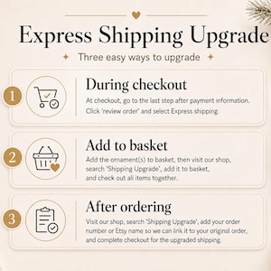 May include: An informational graphic titled Express Shipping Upgrade with three numbered steps. Step 1: During checkout, select Express shipping. Step 2: Add to basket by searching for Shipping Upgrade. Step 3: After ordering, provide your order number.