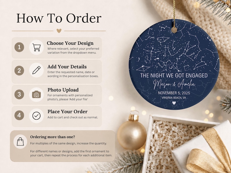 May include: A round navy blue ceramic ornament featuring a white star map constellation design. The text reads THE NIGHT WE GOT ENGAGED, Mason & Amelia, NOVEMBER 5, 2025, and VIRGINIA BEACH, VA. A gold chain is attached to the top of the ornament.