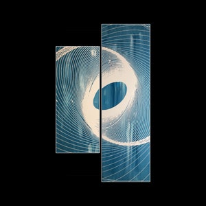 May include: Two abstract art prints with a blue and white swirling pattern. The prints are framed and ready to hang.