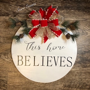 Round Christmas door hanger  Christmas signs Christmas decorations. This home believes Christmas decor. Red Christmas door decor