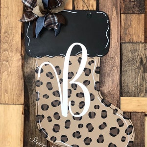 Personalized Christmas door hanger. Christmas decor. Christmas decorations. Cheetah print Christmas stocking door hanger. Custom initial