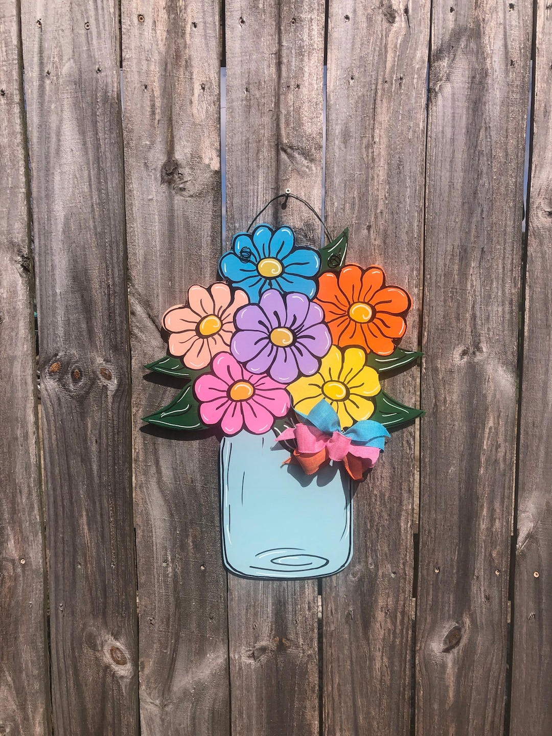 Mason Jar Flowers Door Hanger. Spring Door Hanger. Summer Door Hanger