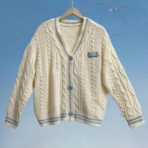 Y2K Beige 1989 Gestrickte Cardigans mit Blau Stern Frauen Herbst Warme V-Ausschnitt Gestrickte Pullover Weibliche Vintage Casual Lose Tops Geschenk für Sie
