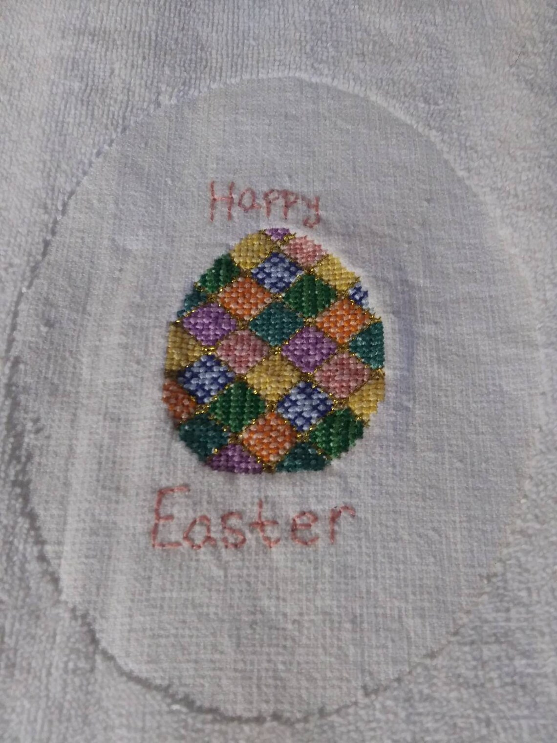 Hand stitched kitchen towel completed cross stitch easter