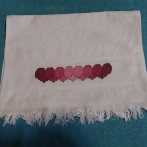 Hand stitched Valentine&#39;s day kitchen towel, completed cross stitch, hearts