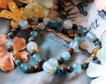 Lucht - Edelsteen stretcharmband - Turkoois Orbicular Jasper, Blue Haze Agaat, Maansteen Opaal, Zeeblauw Opaal