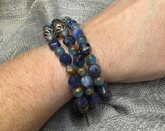 Sodaliet en gemarmerde opaal edelsteen kralen stretch armband