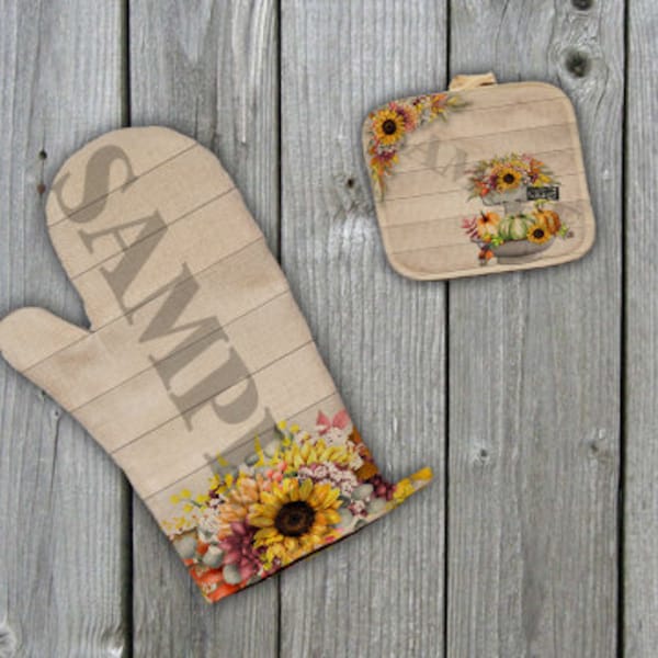 Fall Autumn Farmhouse Vintage Tier Pumpkin Sunflower Design Potholder/Oven Mit Set SUBLIMATION DIGITAL DOWNLOAD jpeg