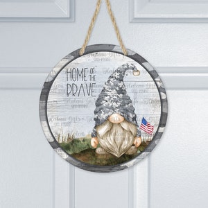 Military Grey Camo Gnome Home of the Brave ( plus file with no text)Wall/Door/Wreath Hanger DIGITAL DOWNLOAD Sublimation PNG