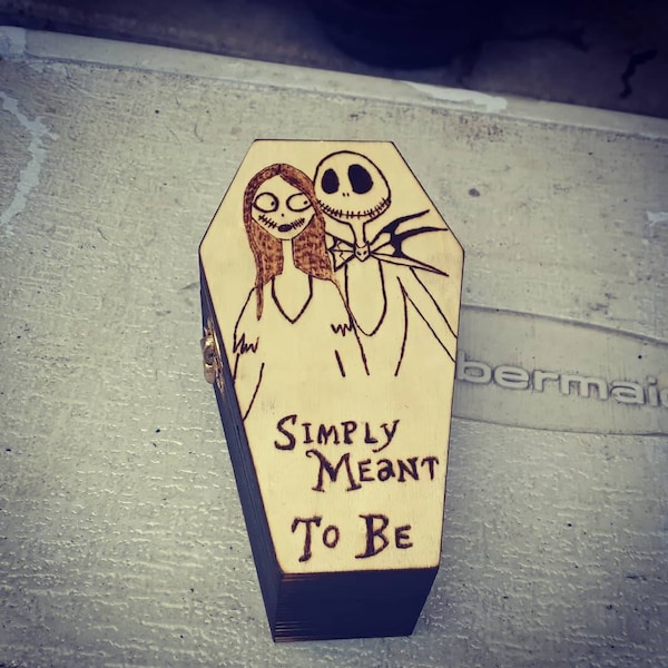 Nightmare before Christmas Jack and Sally wood burned coffin box