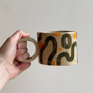 Speckled Stoneware Cappuccino Mug With A Round Handle / Modern Design Coffee Mug / Handmade Ceramic Mug / Coffee Mug With Geometric Design