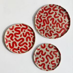 Handmade Speckled Stoneware Plate: Red Scribble Design Plates
