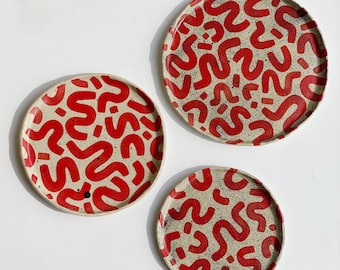 Handmade, Bright Red Design Plates / Unique Ceramic Plates / Modern Stoneware Plates / Speckled Stoneware Tableware / Different Size Options