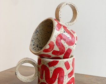 Handmade Speckled Stoneware Cappuccino Mug With A Handle / Modern Design Coffee Mug / Light Cream Stoneware Tea Mug / Geometric Design Mug