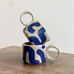 Handmade Stoneware Espresso Cup With A Round Handle: Blue Scribble Design Mug