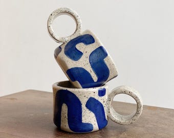 Blue Scribble Espresso Mug /Handmade Stoneware Espresso Mug With A Handle / Stoneware Double Espresso Cup With Speckles /Modern Espresso Cup