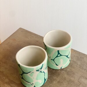 Handmade Stoneware Cappuccino Cup / Modern Design Coffee Tumbler / White Stoneware Mug With Minty Blue Water Design / Geometric Design Cup image 7