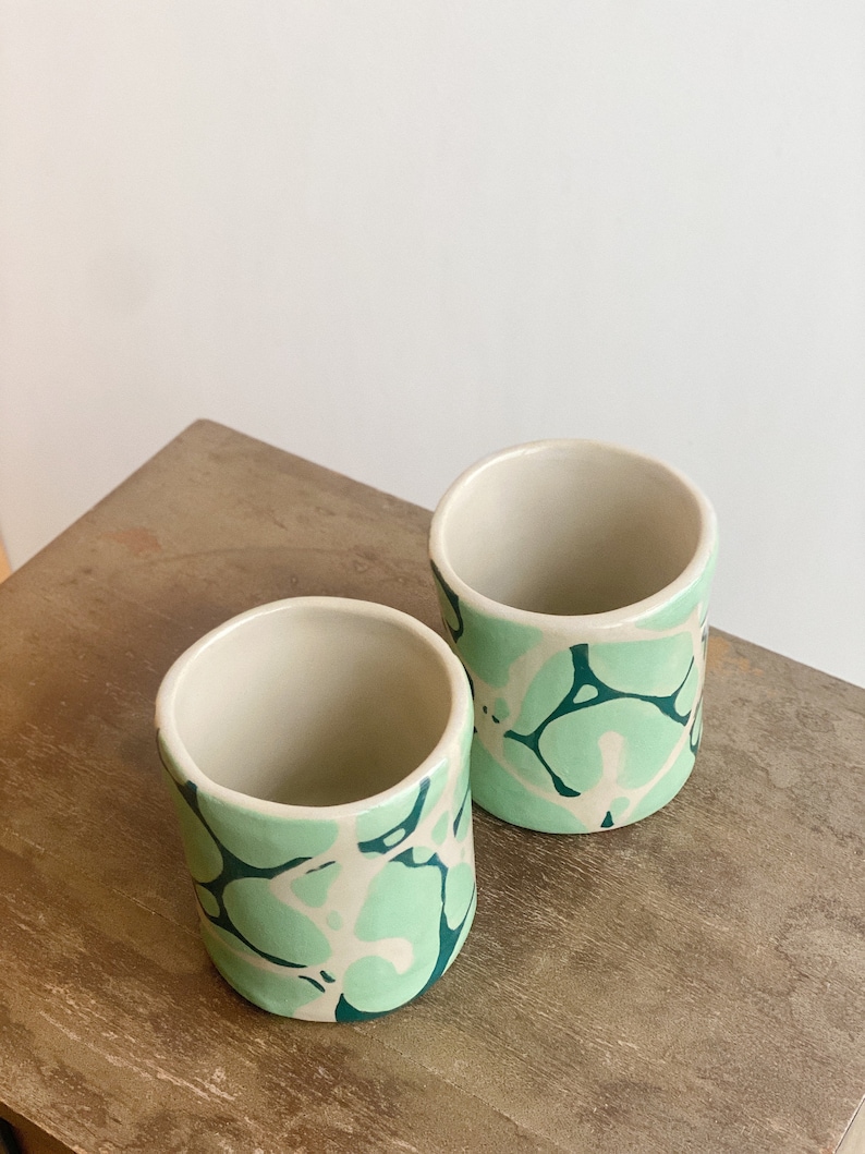 Handmade Stoneware Cappuccino Cup / Modern Design Coffee Tumbler / White Stoneware Mug With Minty Blue Water Design / Geometric Design Cup image 7