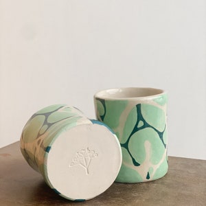 Handmade Stoneware Cappuccino Cup / Modern Design Coffee Tumbler / White Stoneware Mug With Minty Blue Water Design / Geometric Design Cup image 4