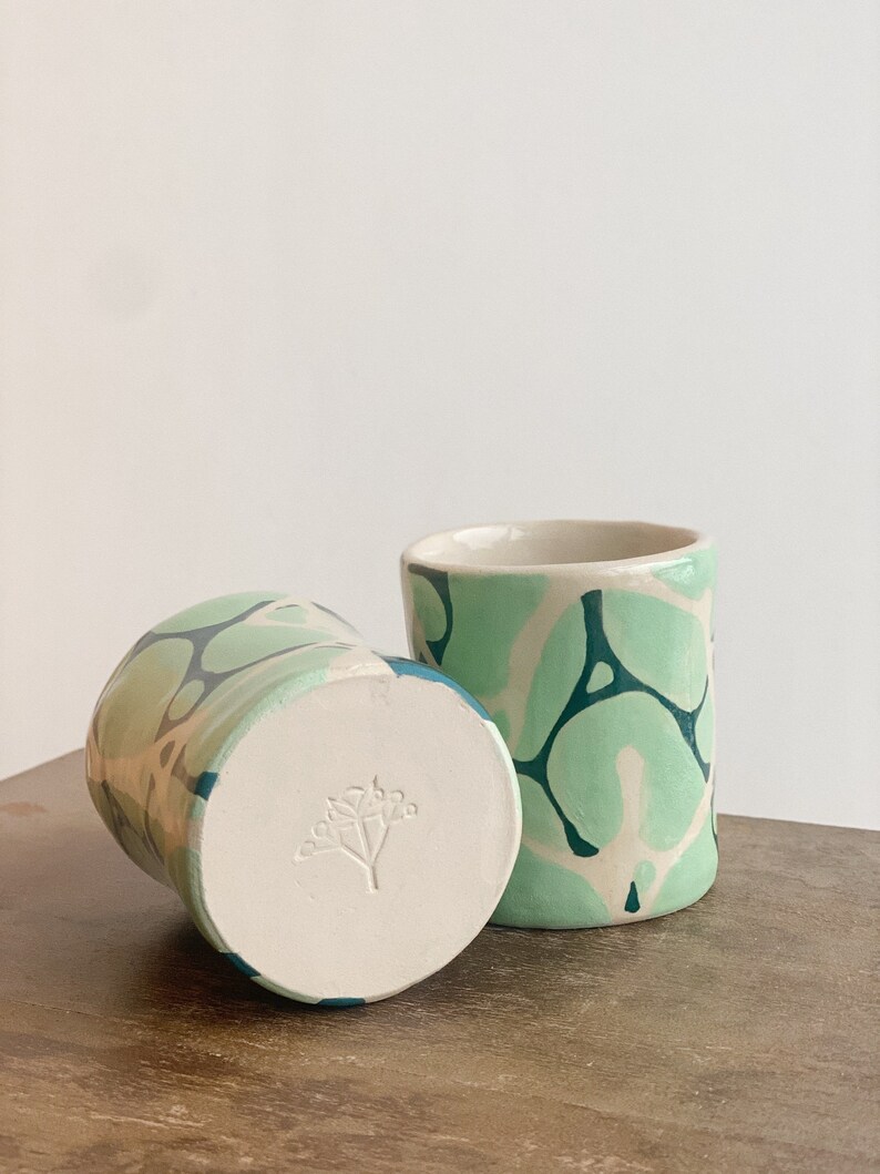 Handmade Stoneware Cappuccino Cup / Modern Design Coffee Tumbler / White Stoneware Mug With Minty Blue Water Design / Geometric Design Cup image 4