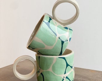 Cute Stoneware Cappuccino Mug With A Round Handle / Modern Design Coffee Mug / Handmade Ceramic Mug / Blue Water Design Mug / Colourful Mug