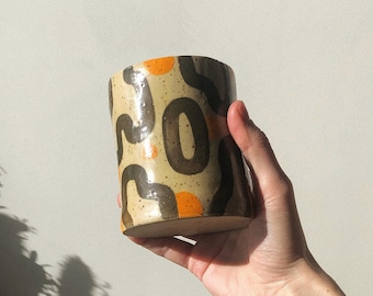 Handmade Stoneware Cappuccino Cup: Geometric Design, Dark Green and Orange Pottery Coffee Tumbler