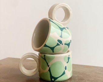 Handmade Stoneware Espresso Mug With A Handle / Stoneware Double Espresso Cup With Hand-Painted Mint Blue Water Design / Modern Espresso Cup