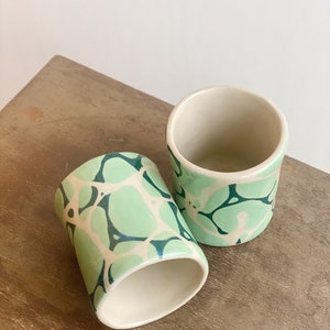 Handmade Stoneware Cappuccino Cup / Modern Design Coffee Tumbler / White Stoneware Mug With Minty Blue Water Design / Geometric Design Cup image 5