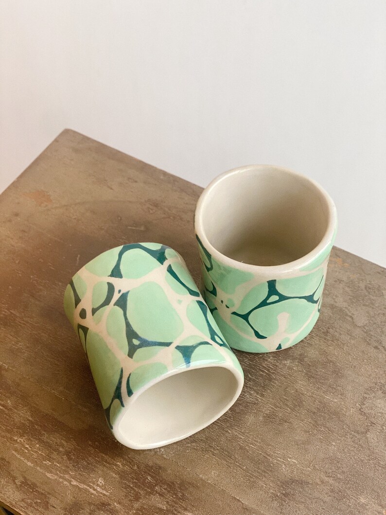Handmade Stoneware Cappuccino Cup / Modern Design Coffee Tumbler / White Stoneware Mug With Minty Blue Water Design / Geometric Design Cup image 5