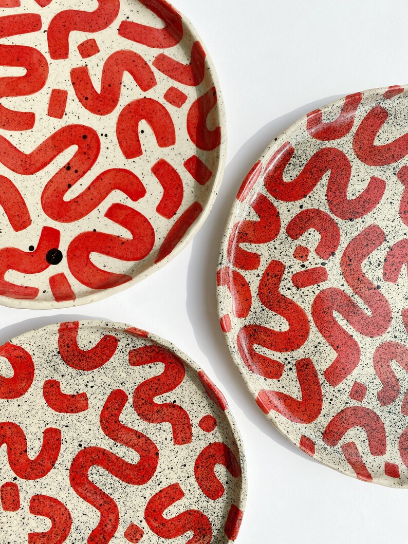 How To Design Plates Handmade, Bright Red Design Plates / Unique Ceramic Plates / Modern ...