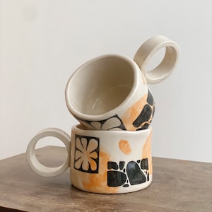 Handmade Stoneware Cappuccino Mug With A Round Handle: Modern Pottery Mug, Illustrated Design