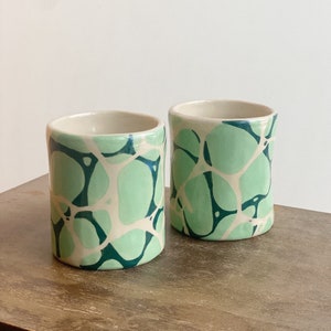 Handmade Stoneware Cappuccino Cup / Modern Design Coffee Tumbler / White Stoneware Mug With Minty Blue Water Design / Geometric Design Cup image 1