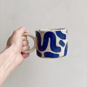 Blue Scribble Mug / Handmade Speckled Stoneware Cappuccino Mug With A Handle / Modern Design Coffee Mug / Light Cream Stoneware Tea Mug image 1