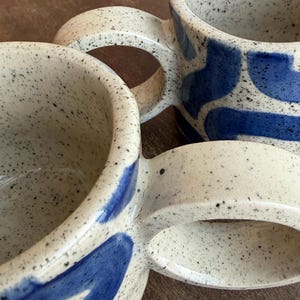 Blue Scribble Mug / Handmade Speckled Stoneware Cappuccino Mug With A Handle / Modern Design Coffee Mug / Light Cream Stoneware Tea Mug Flawed (has a crack)