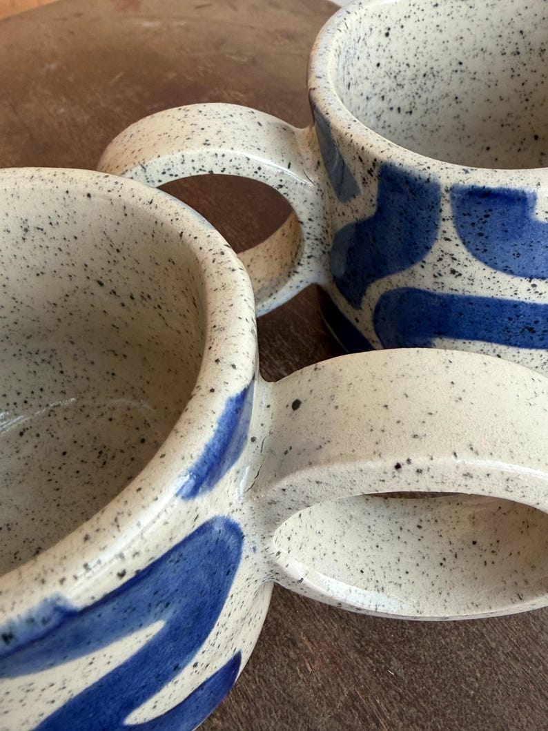 Blue Scribble Mug / Handmade Speckled Stoneware Cappuccino Mug With A Handle / Modern Design Coffee Mug / Light Cream Stoneware Tea Mug Flawed (has a crack)
