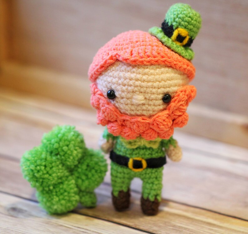 Amigurumi Crochet Pattern PDF in English: Liam the Leprechaun and Four-Leaf Clover image 1