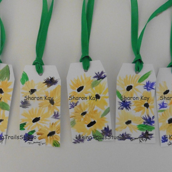 Gift Tags Sunflowers & Blue Flowers hand painted originals  any occasion flower bookmarks nature lover botanical party gifting